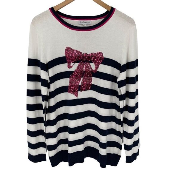 Kim Rogers Intarsia Stripe Crewneck Sweater Sequin Bow Graphic White Blue Large - Picture 2 of 11